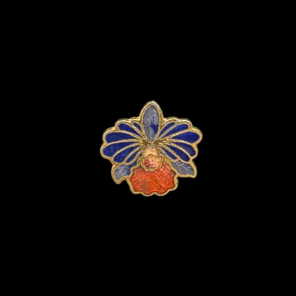 Vintage 1970s Cloisonné Enamel Orchid Blossom Gold Tone Mini Pendant